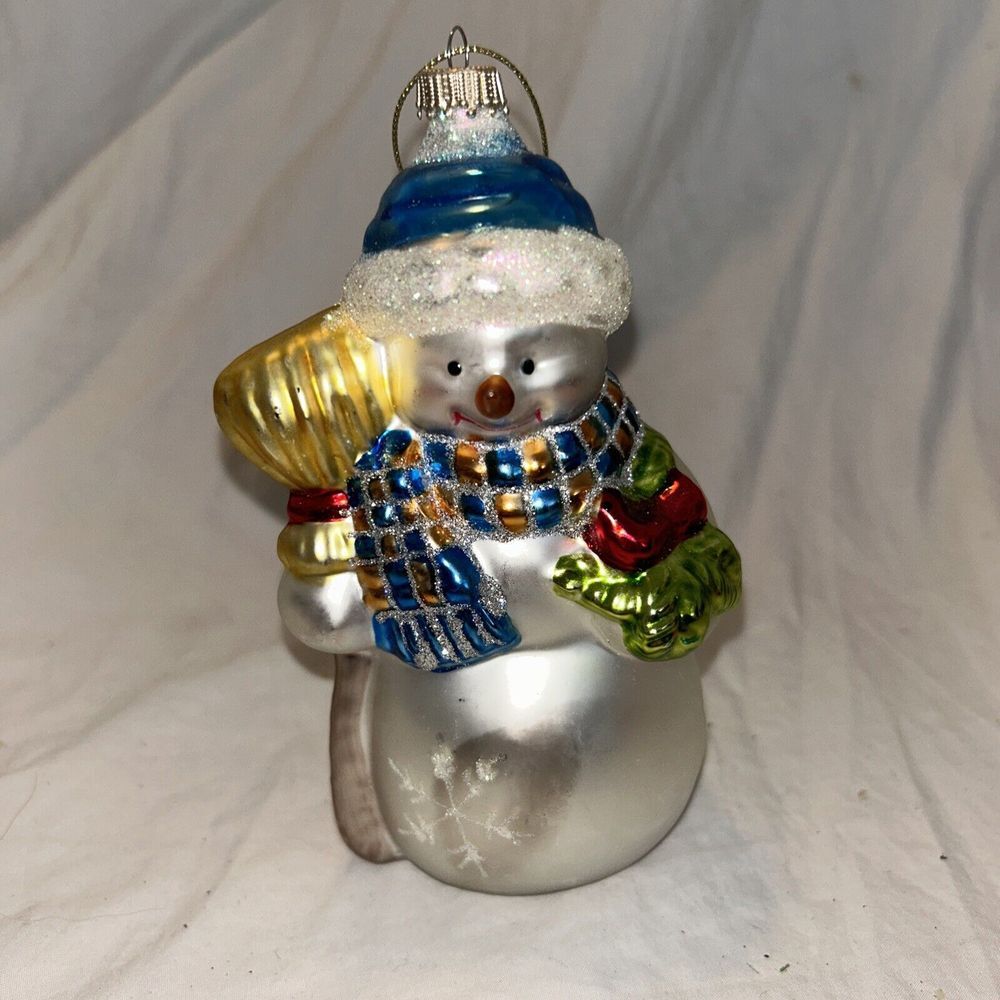 Vintage 6" Glass Christmas Ornament Snowman With Broom 1990s Mercury